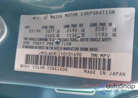 2000 Mazda Mpv Dx/Es/Lx из США, поврежденный, VIN JM3LW28G1Y0101690